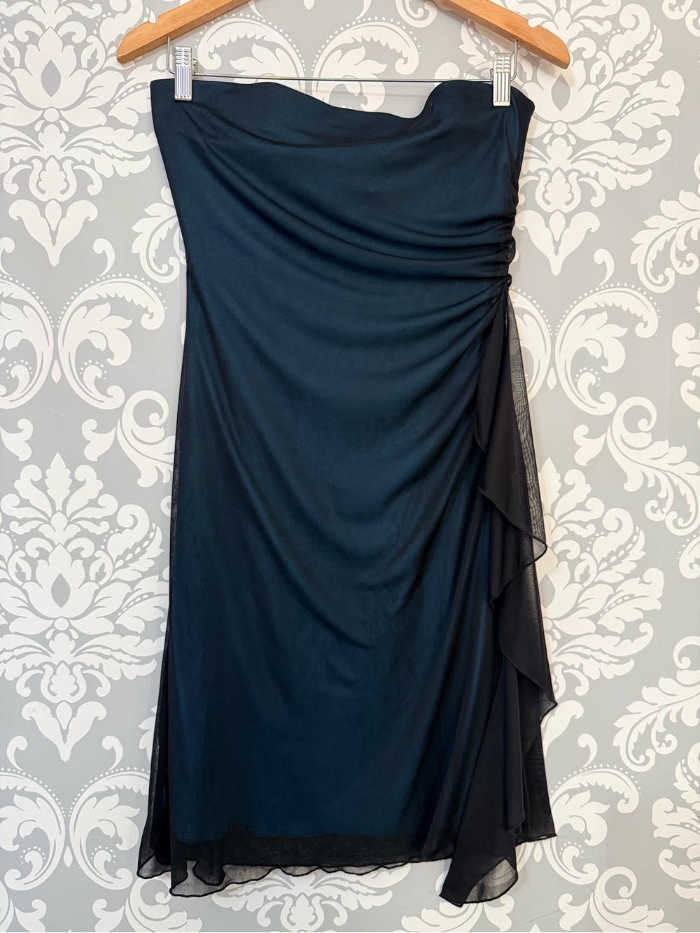 • ALGO Y2K Strapless Teal Blue & Black Mesh Overlay Ruched Bodycon Midi Dres